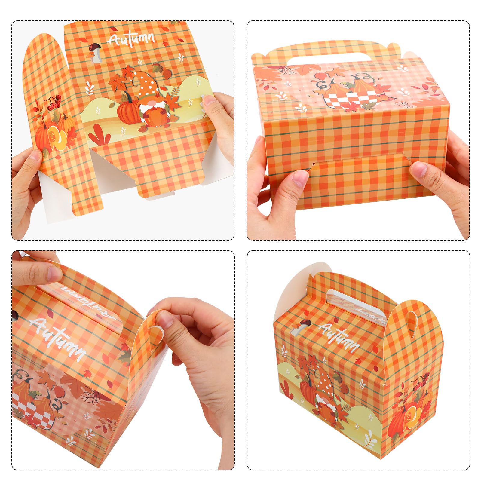 HOWAF 12pcs Fall Party Treat Boxes, Hello Autumn Plaid Gift Boxes with Maple Leaves Pumpkin Gnome Design for Fall Harvest Party Supplies, Autumn Party Candy Boxes, Hello Fall Goodie Boxes