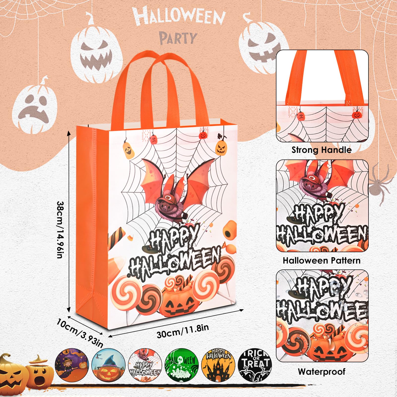 AhfuLife 6 Pcs Halloween Trick or Treat Bags, Large Halloween Tote Bags with Handles, Reusable Halloween Non-Woven Candy Bags for Halloween Party Supplies Favors (15''×11.8''×3.9’’)