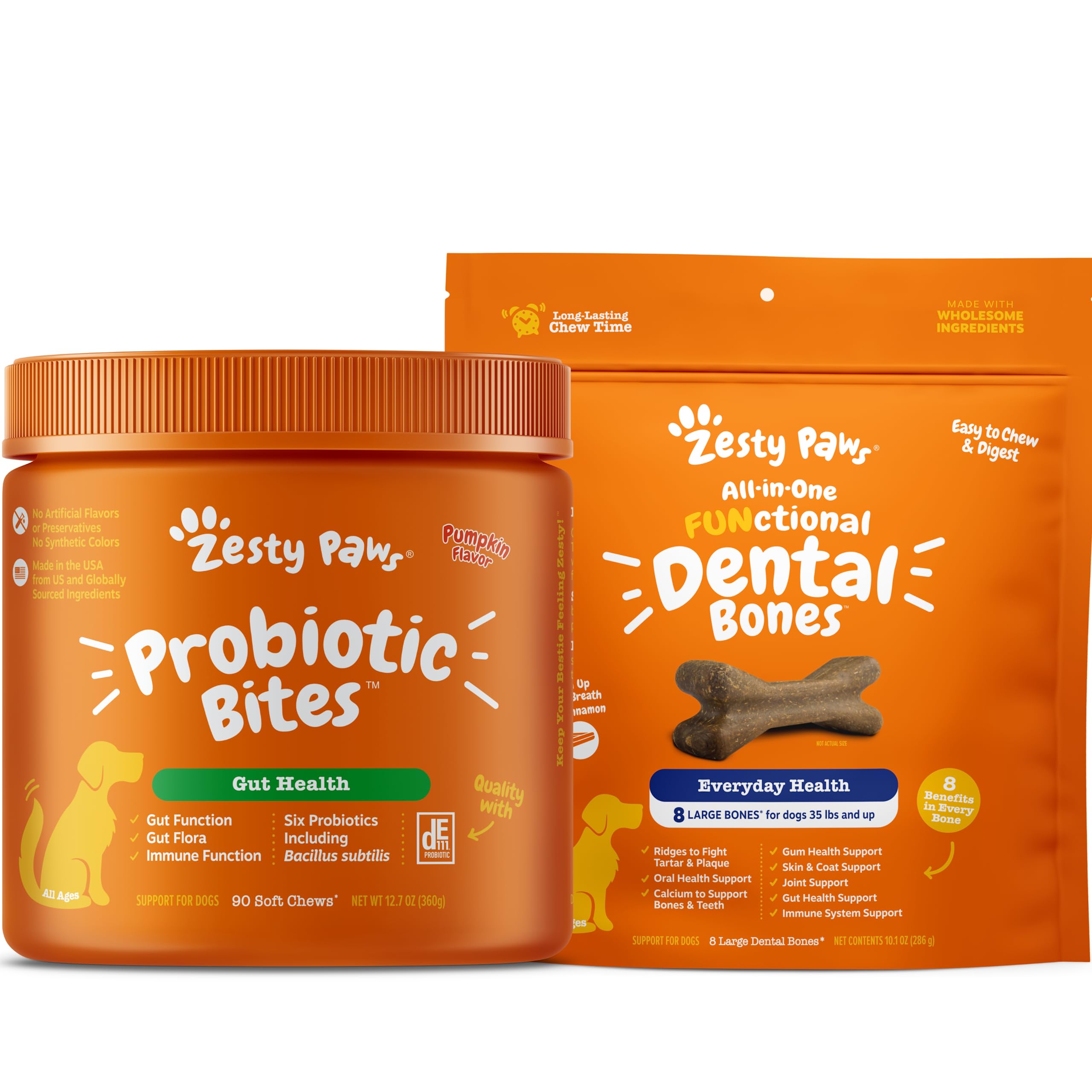 Zesty Paws Probiotics for Dogs - Digestive Enzymes for Gut Flora + Dental Bones for Large Dogs - Fights Tartar & Plaque