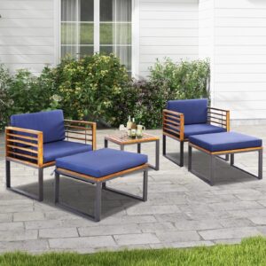 Tangkula 5 Piece Patio Chair Set, Acacia Wood Chair Set w/Ottomans & Coffee Table, Soft Seat & Back Cushions, Outdoor Wood Furniture Set for Backyard, Poolside, Garden