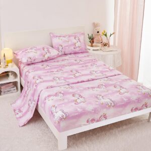 Yibeizi Unicorn Twin Sheets Set for Girls, Kids Cute Princess Printed Bedsheets Microfiber Deep Pocket Bed Sheet & Pillowcase Sets 3 Pieces