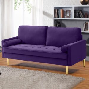 RXRRXY 67" Modern Velvet Loveseat Sofa Couch, Mid-Century Tufted Upholstered Small Love Seat Couch with 2 Pillows & 4 Golden Legs, 2-Seats Couches for Compact Space, Living Room, Apartment (Purple)