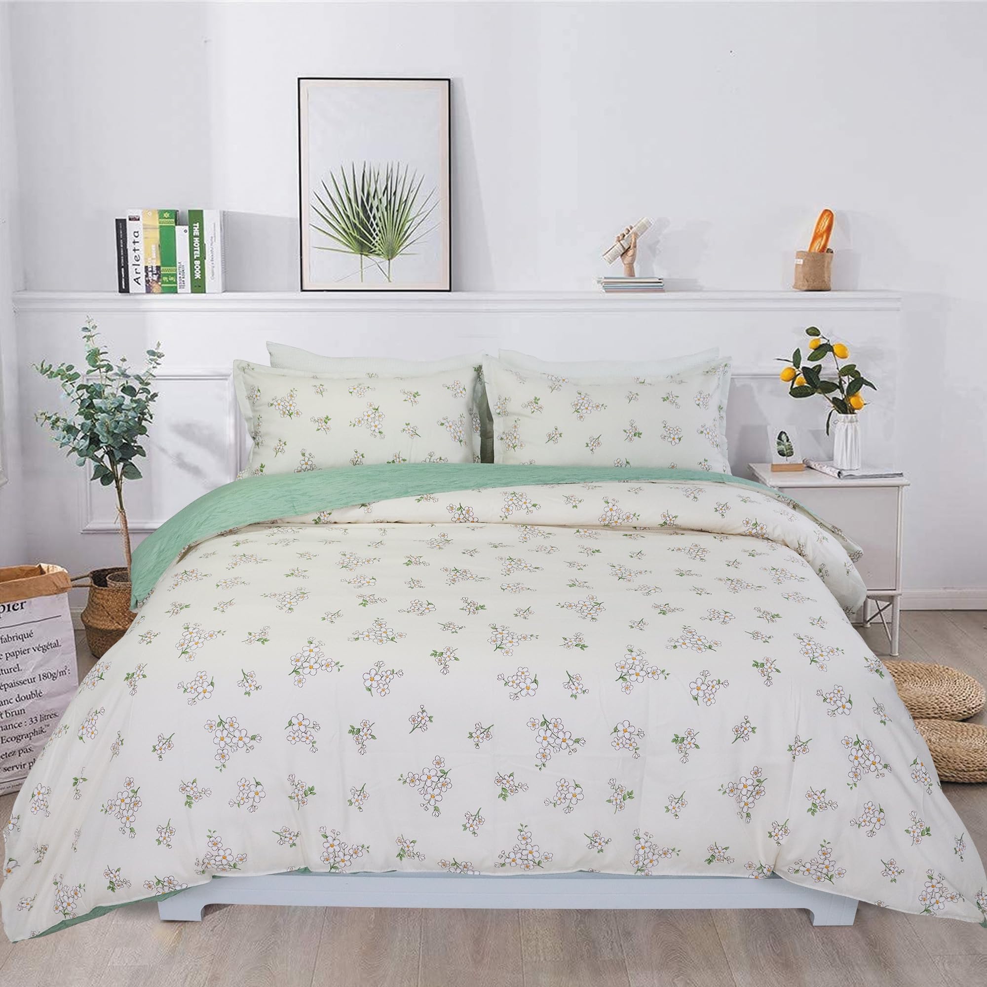 Usfivefam Floral Duvet Cover Set Queen,3pcs Green Floral Printed Duvet Cover Reversible Garden Style Patterned Bedding Set Botanical Comforter Cover with Zipper Closure,Soft and Luxury,90 * 90"