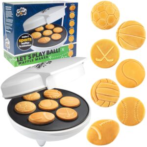 sports waffle maker- make breakfast a slam dunk- bakes 7 themed pancakes including football, baseball, basketball, soccer, tennis & more- electric nonstick pan cake baker- kids christmas gift or treat