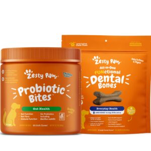 zesty paws probiotics for dogs - digestive enzymes for gut flora + dental bones for large dogs - fights tartar & plaque