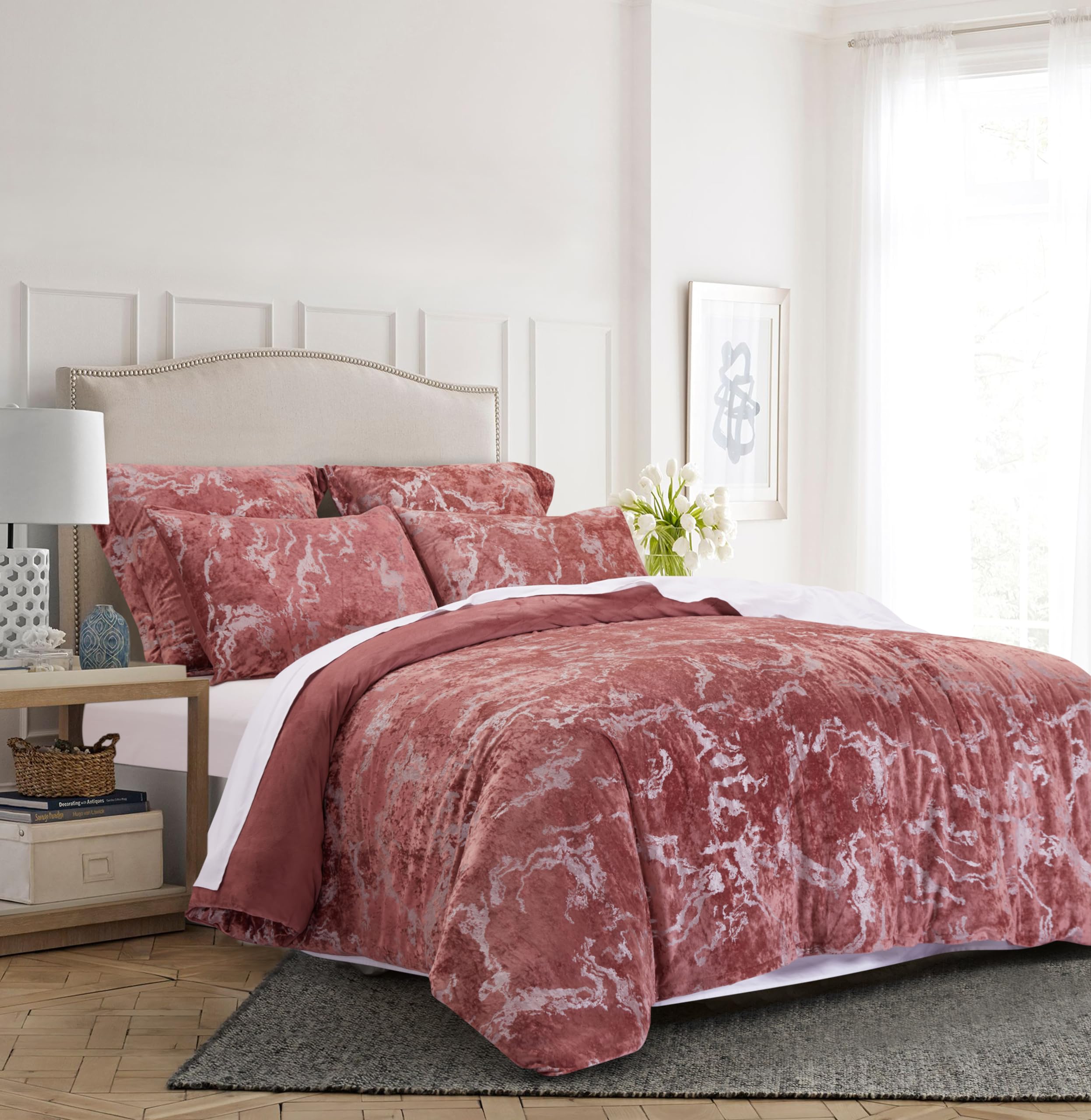 Grassix Duvet Cover King - 3D Marble Velvet King Duvet Cover Blush Pink, Ultra Soft Flannel Duvet Cover with Zipper Closure 8 Corner Tie (1 Duvet Cover 104"x90" & 2 Pillowcases-Blush Pink)