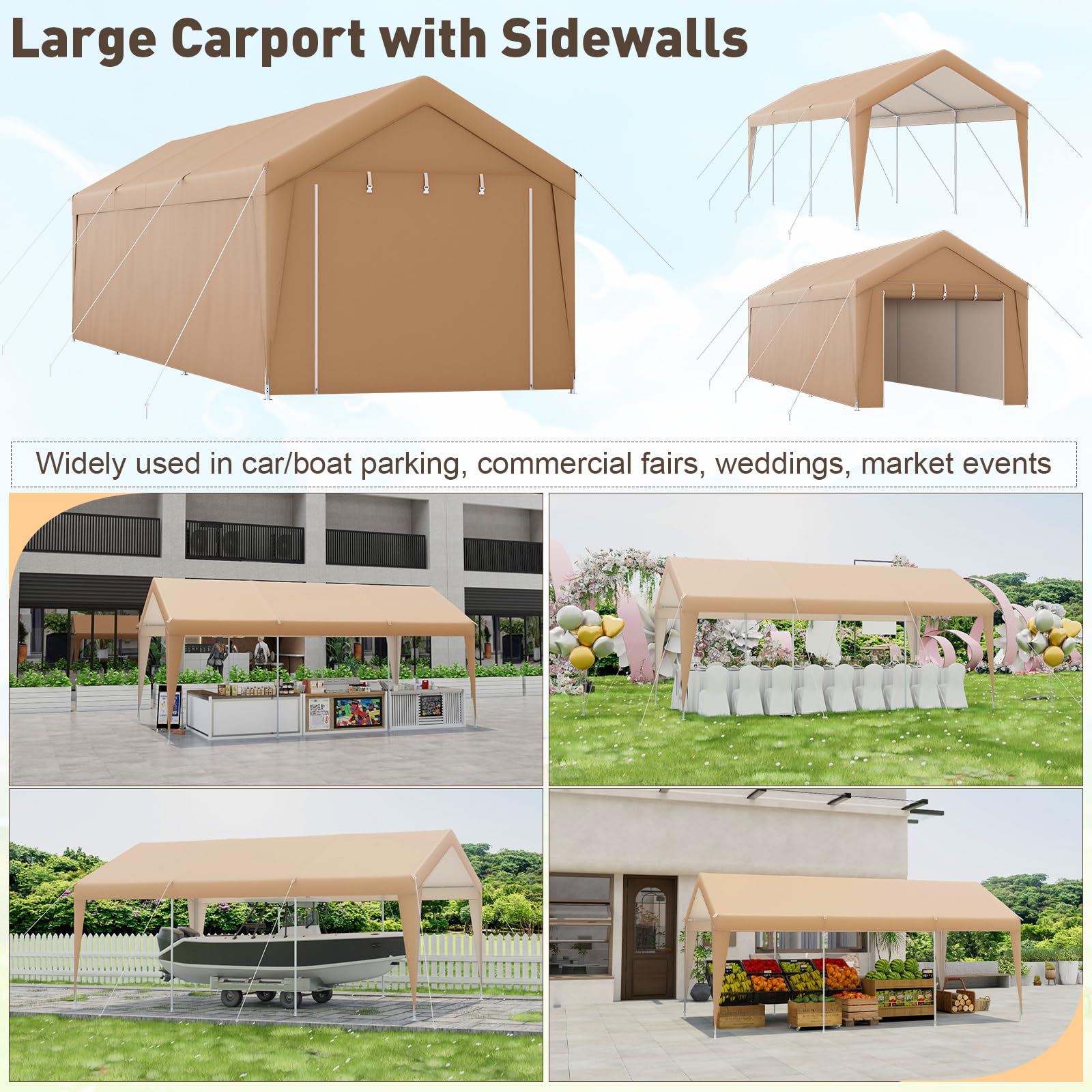 S AFSTAR 10x20FT Carport with Sidewalls, Heavy Duty Car Shelter Tent with 2 Roll-up Doors, 180g PE Canopy, 8 Sturdy Galvanized Steel Legs, Portable Garage Car Port Canopy for Car Boat Party Wedding