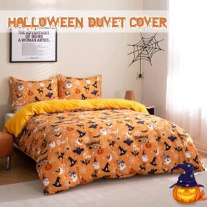 Luxudecor Halloween Duvet Cover Set King Size Pumpkin Bat Tombstone Witch Hat Cobweb Pattern Duvet Cover Orange Soft Microfiber Halloween Themes Bedding Set Kids Gift(3pcs, 104"x90")