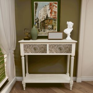 Koncemel Console Table with Drawers, Farmhouse Entryway Table with Storage Shelves, Sofa Table with Carved Long for Living Room, Hallway, Entryway