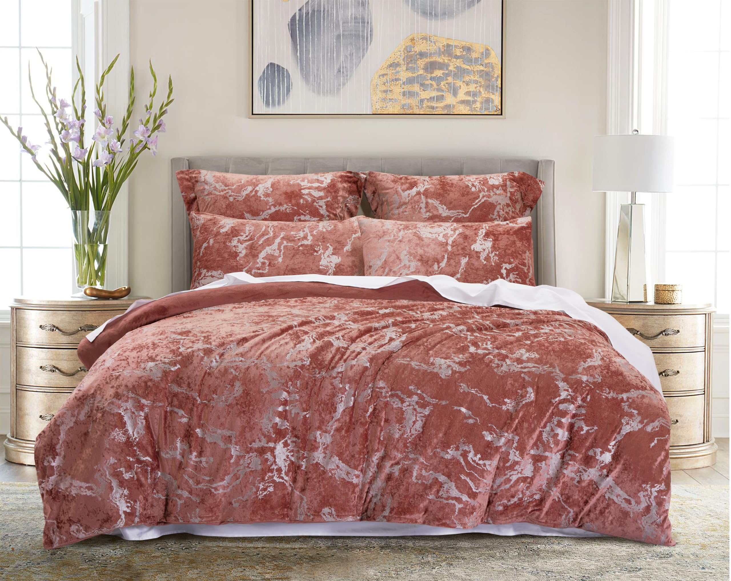 Grassix Duvet Cover King - 3D Marble Velvet King Duvet Cover Blush Pink, Ultra Soft Flannel Duvet Cover with Zipper Closure 8 Corner Tie (1 Duvet Cover 104"x90" & 2 Pillowcases-Blush Pink)