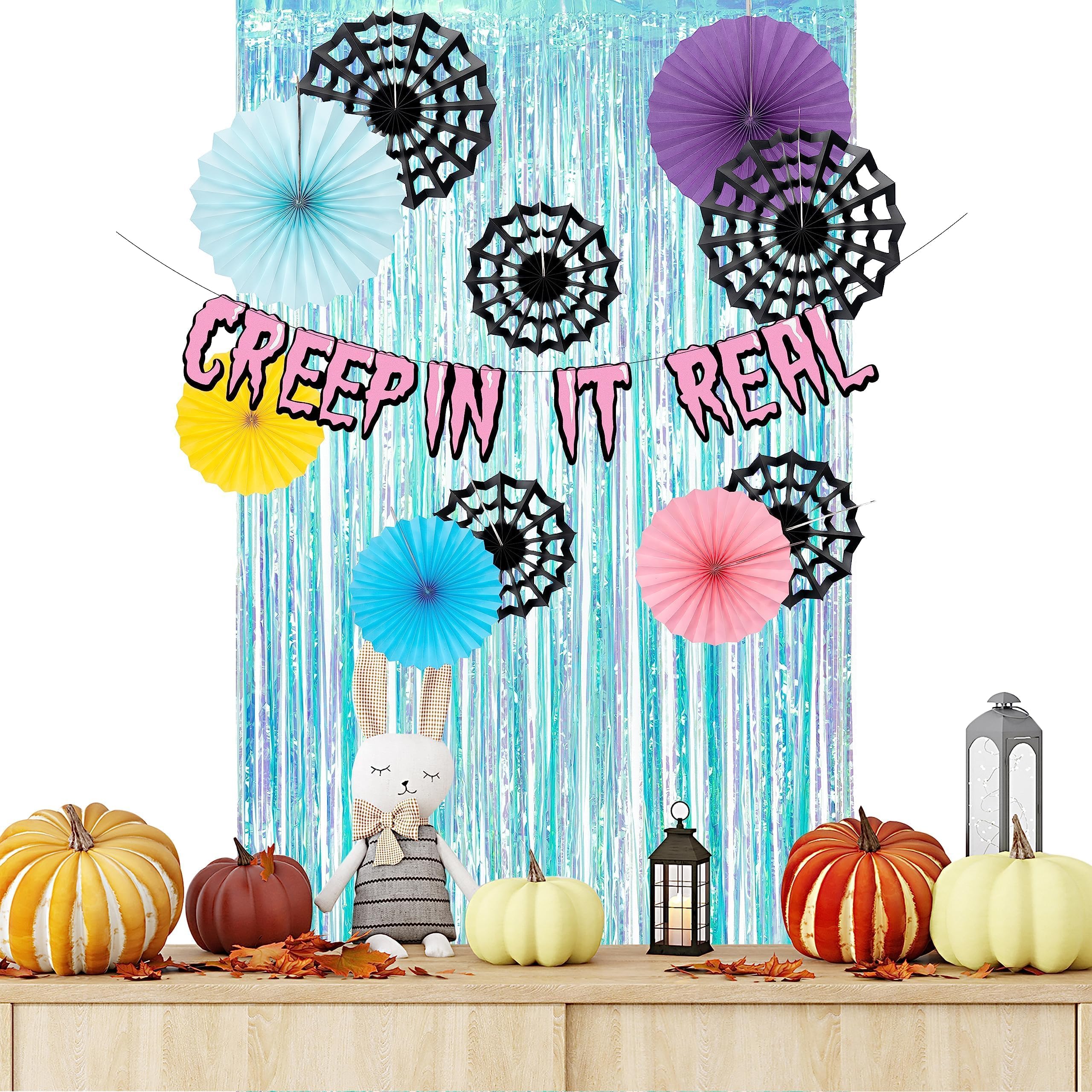 Cheerland Halloween Party Backdrop Pastel Banner Spiderweb Fan Banner Foil Party Streamers for Halloween Theme Birthday Wedding Baby Shower Cosplay Party Supplies