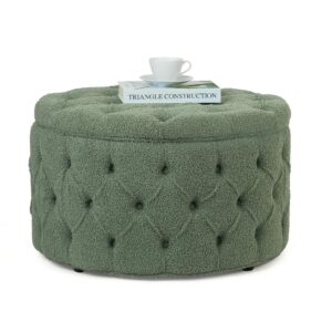 Homebeez 28 Inch Faux Fur Round Storage Ottoman, Button Tufted Footrest Stool Bench Coffee Table for Living Room,Green