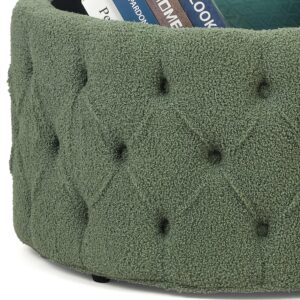 Homebeez 28 Inch Faux Fur Round Storage Ottoman, Button Tufted Footrest Stool Bench Coffee Table for Living Room,Green