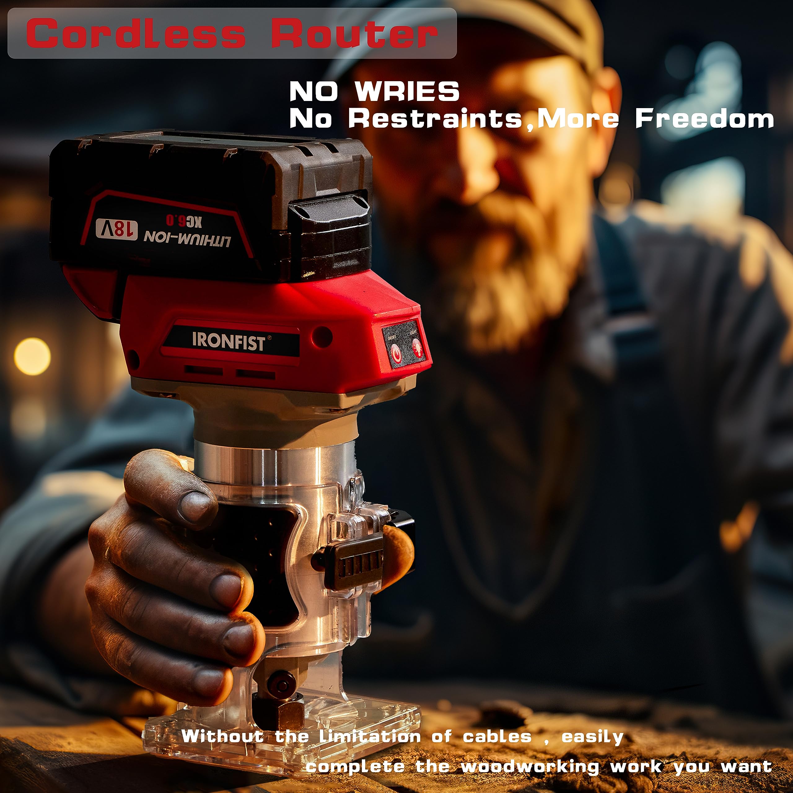 IRONFIST Cordless Trimmer Router Multiple Function Brushelss 1/4" Bit Collet, Max Speed 30000rpm for Wood Working Slotting, Trimming Compatible with Milwaukee M18 Battery (NO Battery)