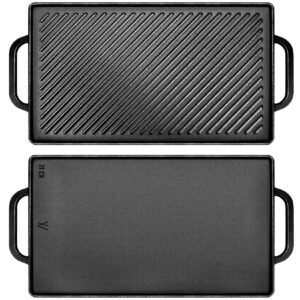 ggc cast iron reversible griddle, double-sided griddle pan for indoor and outdoor cooking, 15 x 9 griddle plate with flat and ribbed side for stove tops, gas grills and camping