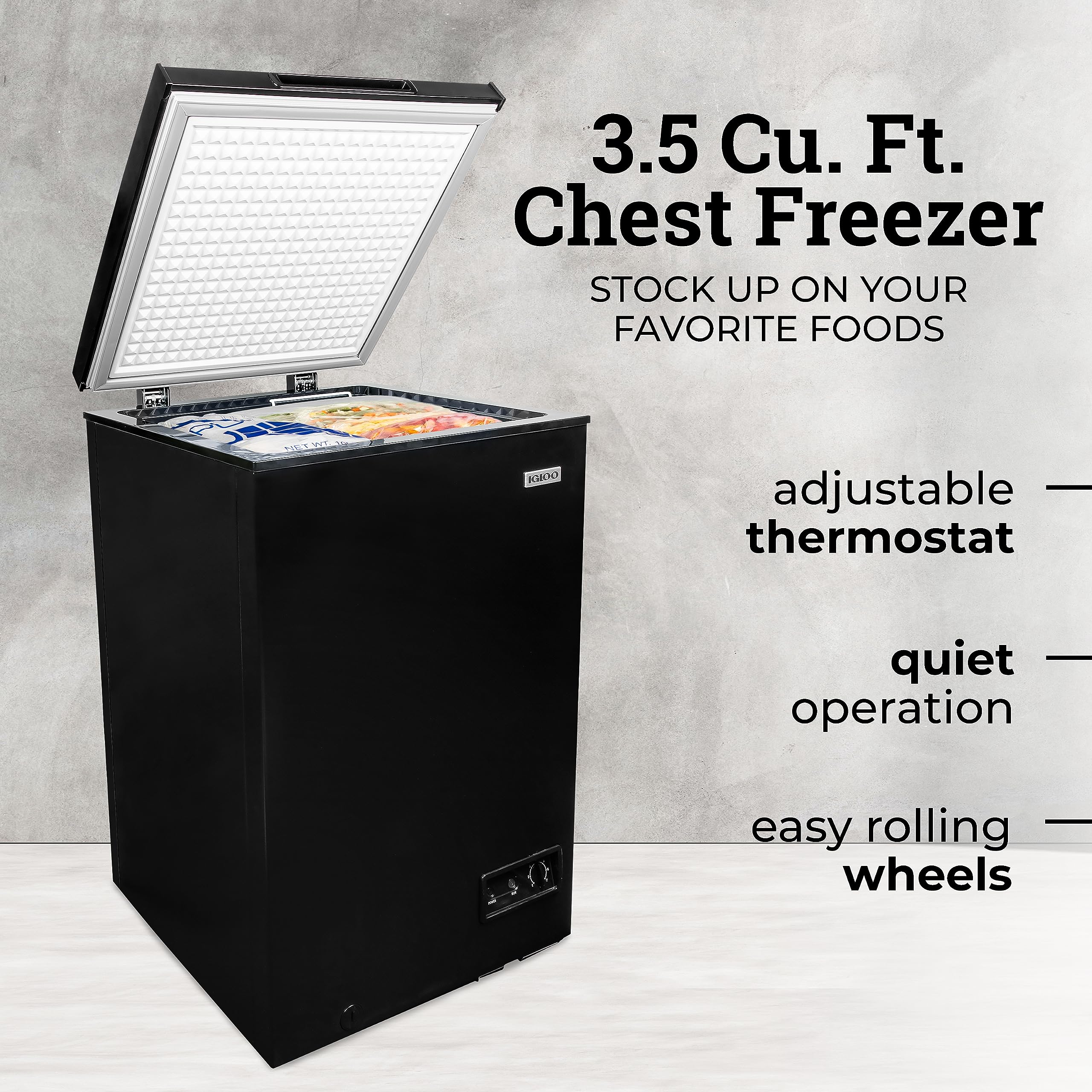 Igloo 3.5 Cu. Ft. Chest Freezer with Removable Basket and Front Defrost Water Drain, Small Deep Freezer Perfect for Homes, Garages, and RVs, Black