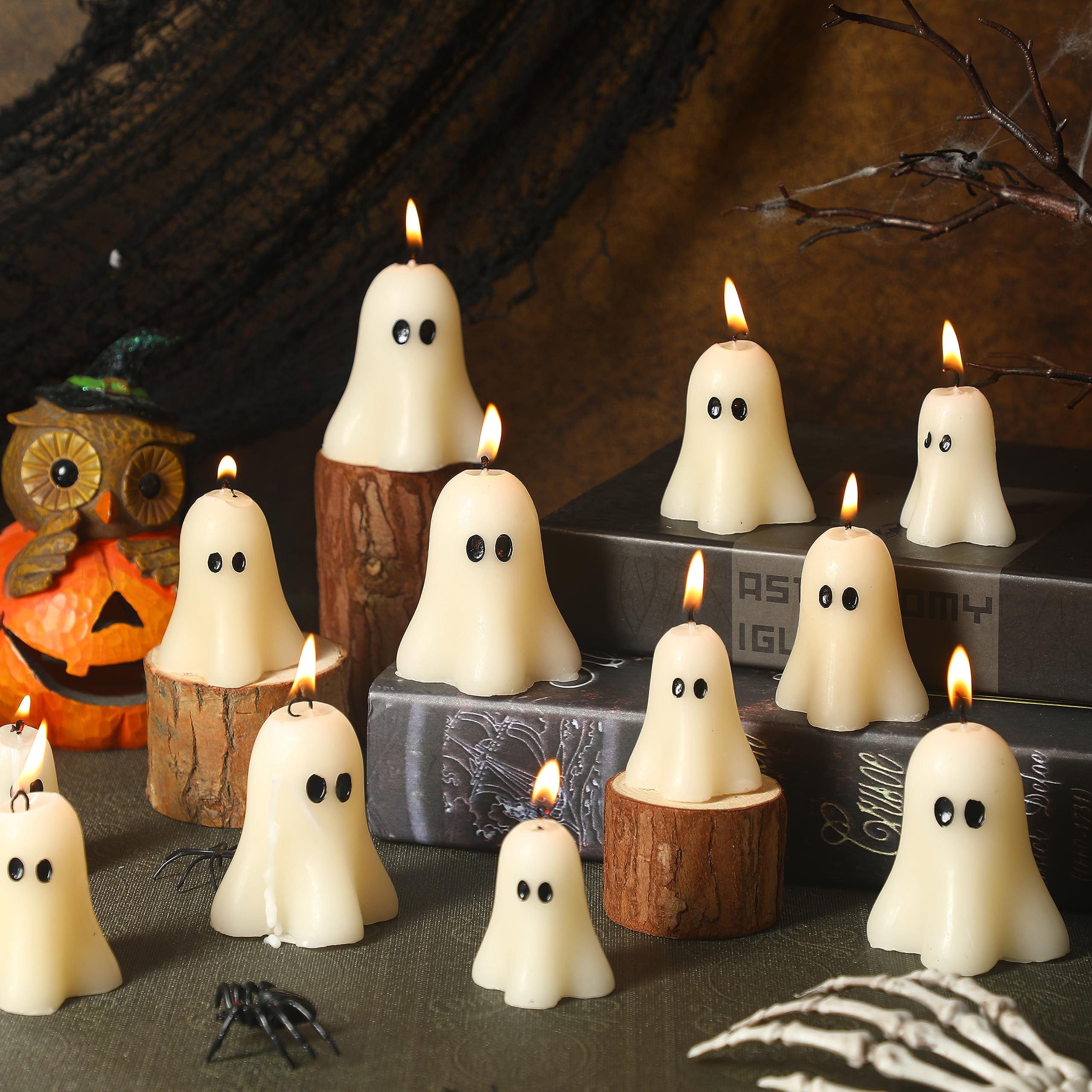 MTLEE 12 Pcs Halloween Ghost Candles Spooky Burning Candle Halloween Decoration Candles Novelty Ghost Shaped Tea Lights Candle Gifts for Halloween Party Table Home Decor(1.97/2.36/2.76 Inch,White)