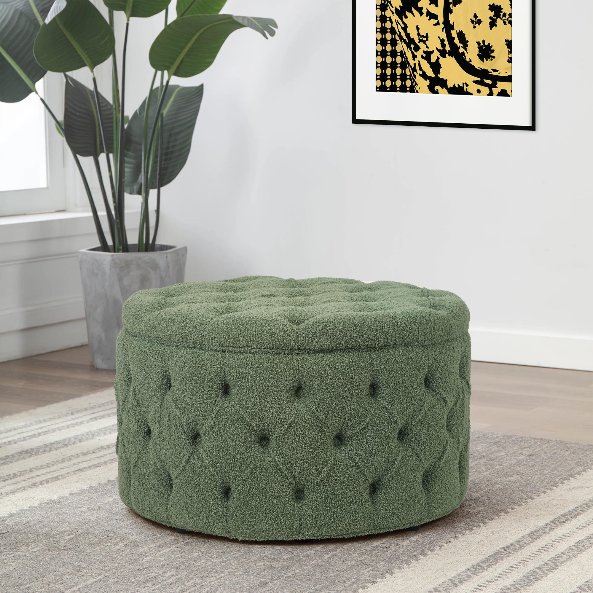 Homebeez 28 Inch Faux Fur Round Storage Ottoman, Button Tufted Footrest Stool Bench Coffee Table for Living Room,Green