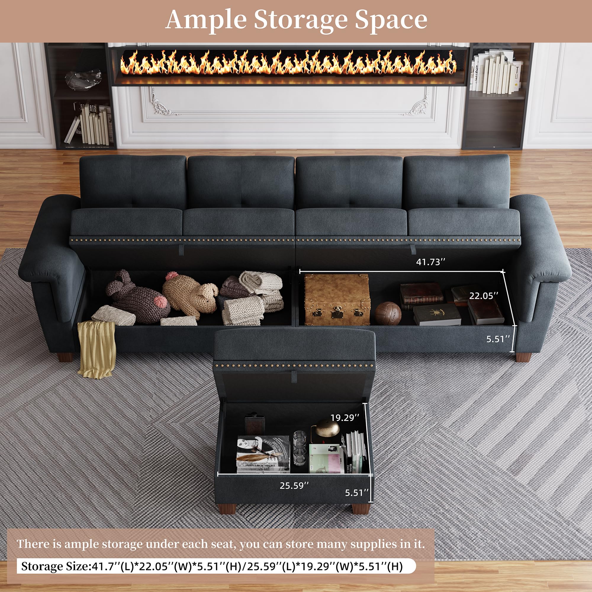 JAMFLY Sectional Couches for Living Room L Shaped Couch with Storage, 4-Seat Convertible Sectional Sofa Couch with Ottoman, Living Room Furniture Sets with Cup Holders, Dark Gray