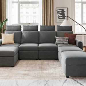 LINSY HOME Modular Sectional Sofa, Upgraded High Back Sectional Couch with 4 Headrests, U Shaped Sofa Bed with Storage, Sofa Covers Removable, 7 Seat Couch with Ottoman for Living Room, Dark Grey