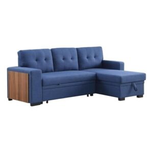 devion furniture 92" w modern l-shaped polyester fabric upholstered reversible side compartment sleeper sectional sofa bed with chaise in blue finish