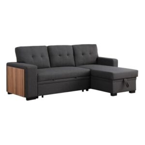 devion furniture 92" w modern l-shaped polyester fabric upholstered reversible side compartment sleeper sectional sofa bed with chaise in dark gray finish