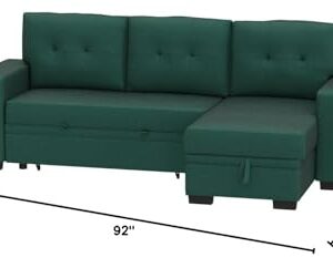 Devion Furniture 92" W Modern L-Shaped Polyester Fabric Upholstered Reversible Side Compartment Sleeper Sectional Sofa Bed with Chaise in Green Finish