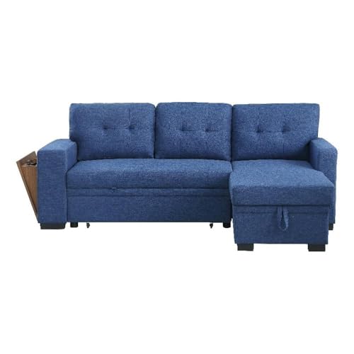 Devion Furniture 92" W Modern L-Shaped Polyester Fabric Upholstered Reversible Side Compartment Sleeper Sectional Sofa Bed with Chaise in Blue Finish