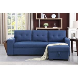 Devion Furniture 92" W Modern L-Shaped Polyester Fabric Upholstered Reversible Side Compartment Sleeper Sectional Sofa Bed with Chaise in Blue Finish