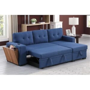 Devion Furniture 92" W Modern L-Shaped Polyester Fabric Upholstered Reversible Side Compartment Sleeper Sectional Sofa Bed with Chaise in Blue Finish