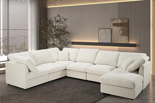 Oversized Modular Cushions Sectional Sofa Couch with Movable Ottoman ,L-Shaped Corner Low Back Deep Seat Spacious Sectional & Couch Convertible Sleeper Sofabed for House Apartment Living Room Sets