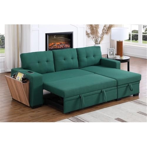 Devion Furniture 92" W Modern L-Shaped Polyester Fabric Upholstered Reversible Side Compartment Sleeper Sectional Sofa Bed with Chaise in Green Finish