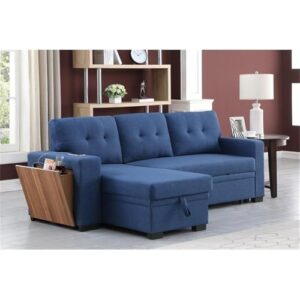 Devion Furniture 92" W Modern L-Shaped Polyester Fabric Upholstered Reversible Side Compartment Sleeper Sectional Sofa Bed with Chaise in Blue Finish