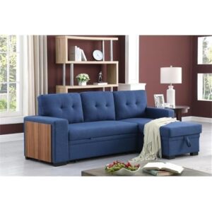 Devion Furniture 92" W Modern L-Shaped Polyester Fabric Upholstered Reversible Side Compartment Sleeper Sectional Sofa Bed with Chaise in Blue Finish