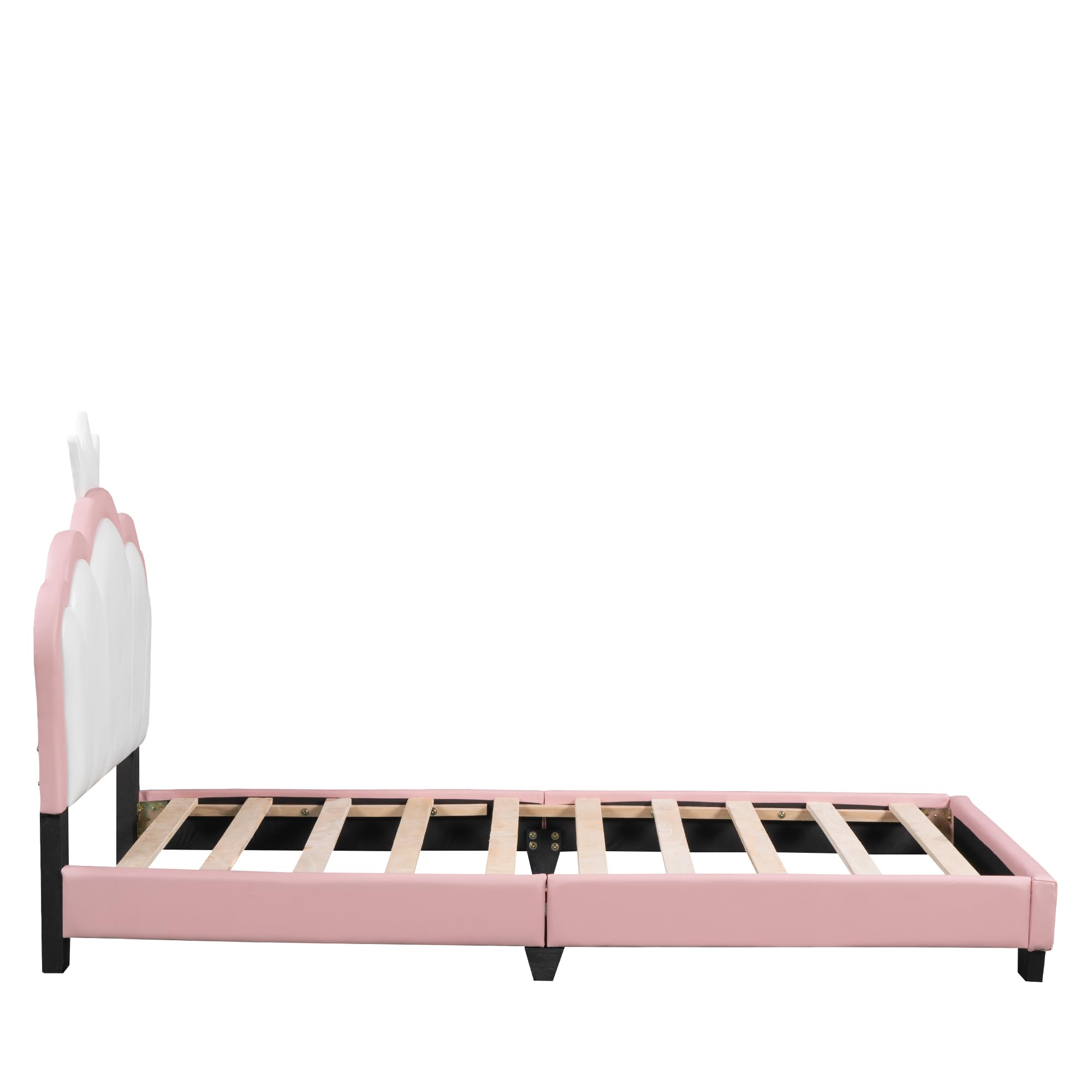 Aiuyesuo Elegant Twin Size Upholestered Princess Bed with Crown Headboard, PU Leather Platform Bed with Sturdy Slatted Support for Kids Girls Teens (Pink+White-Twin)