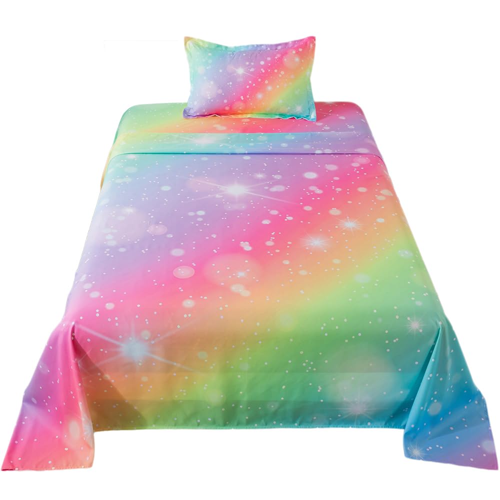 ADASMILE A & S Rainbow Sheets Twin Size for Girls Tie Dye Pastel Girls Sheet Set for Kids Teens Glitter Girly Rainbow Bedding Set 1 Fitted Sheet 1 Flat Sheet 1 Pillowcase Soft Microfiber Home Decor