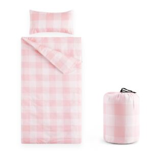 wake in cloud - sleeping bag for kids toddlers, portable compact lightweight backpacking nap mat with pillow and blanket, for girls, buffalo check plaid in pink white, 55" x 30"