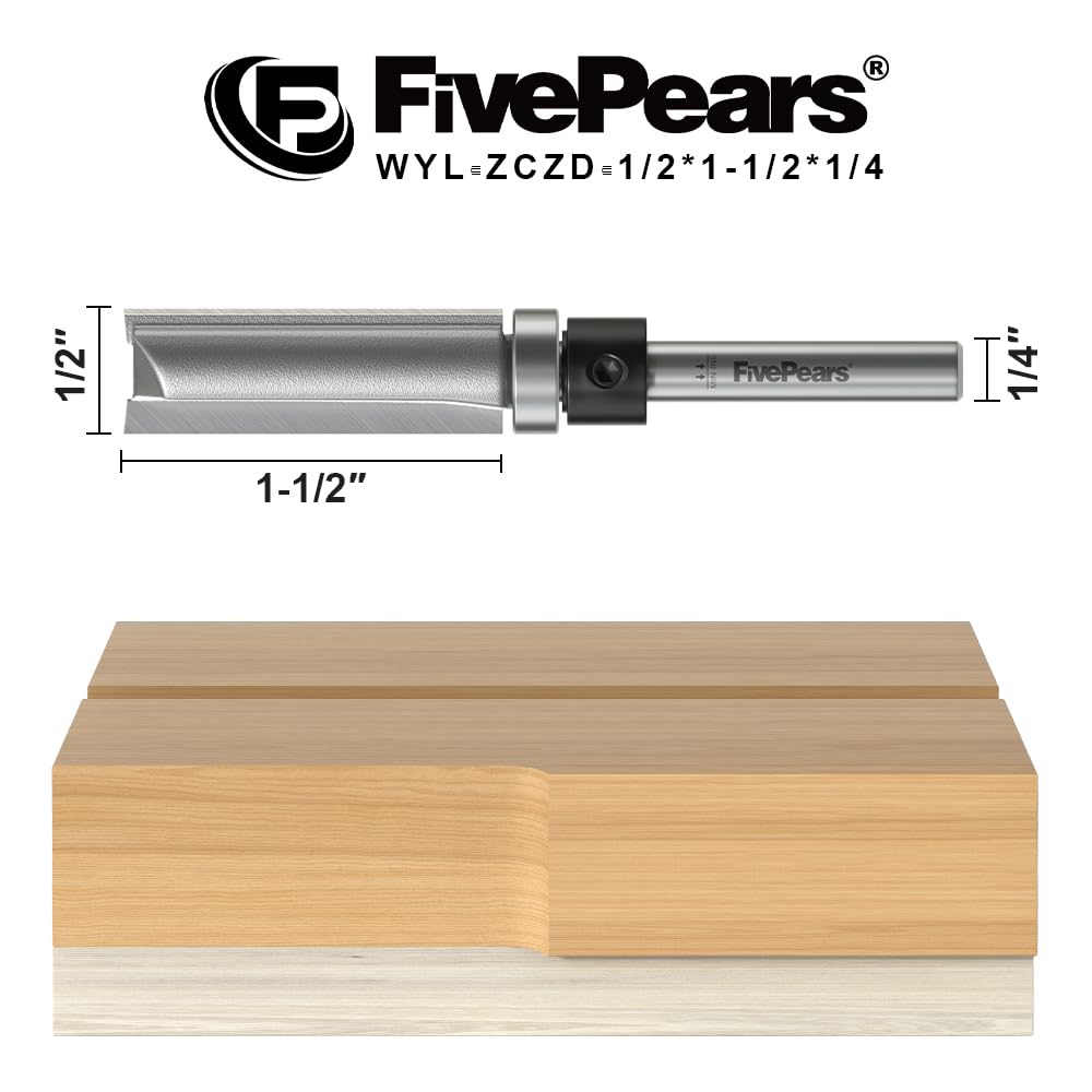 FivePears Pattern Flush Trim Router Bit 1/2 Inch Cutting Diameter, 1-1/2 Inch Cutting Length, 1/4 Inch Shank, Top Bearing Flush Straight Cut Trim Router Bit for Woodworking