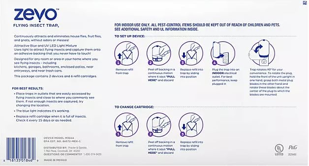 Zevo Flying Insect Trap, Fly Trap, Fruit Fly Trap (2 Plug-in Bases + 6 Refill Cartridges) Gnats, and House Flies Mosquitoes