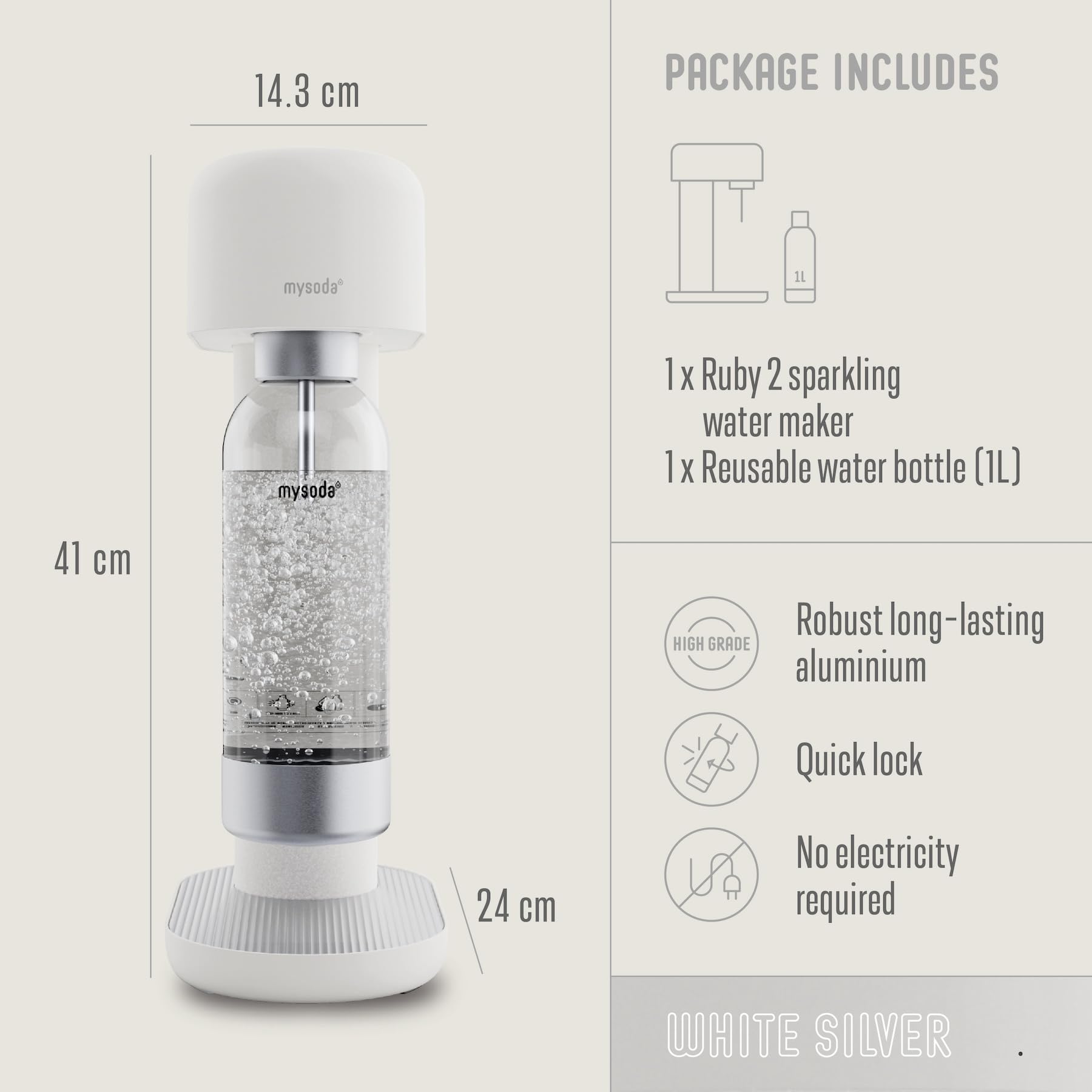 Mysoda Ruby 2 Sparkling Water Maker - Silent Carbonated Water Machine Made of Robust Long-Lasting Aluminium & 1L Water Bottle - Without CO2 Cylinder - Colour White