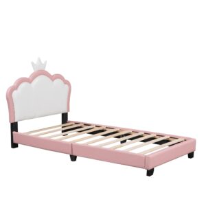 Aiuyesuo Elegant Twin Size Upholestered Princess Bed with Crown Headboard, PU Leather Platform Bed with Sturdy Slatted Support for Kids Girls Teens (Pink+White-Twin)