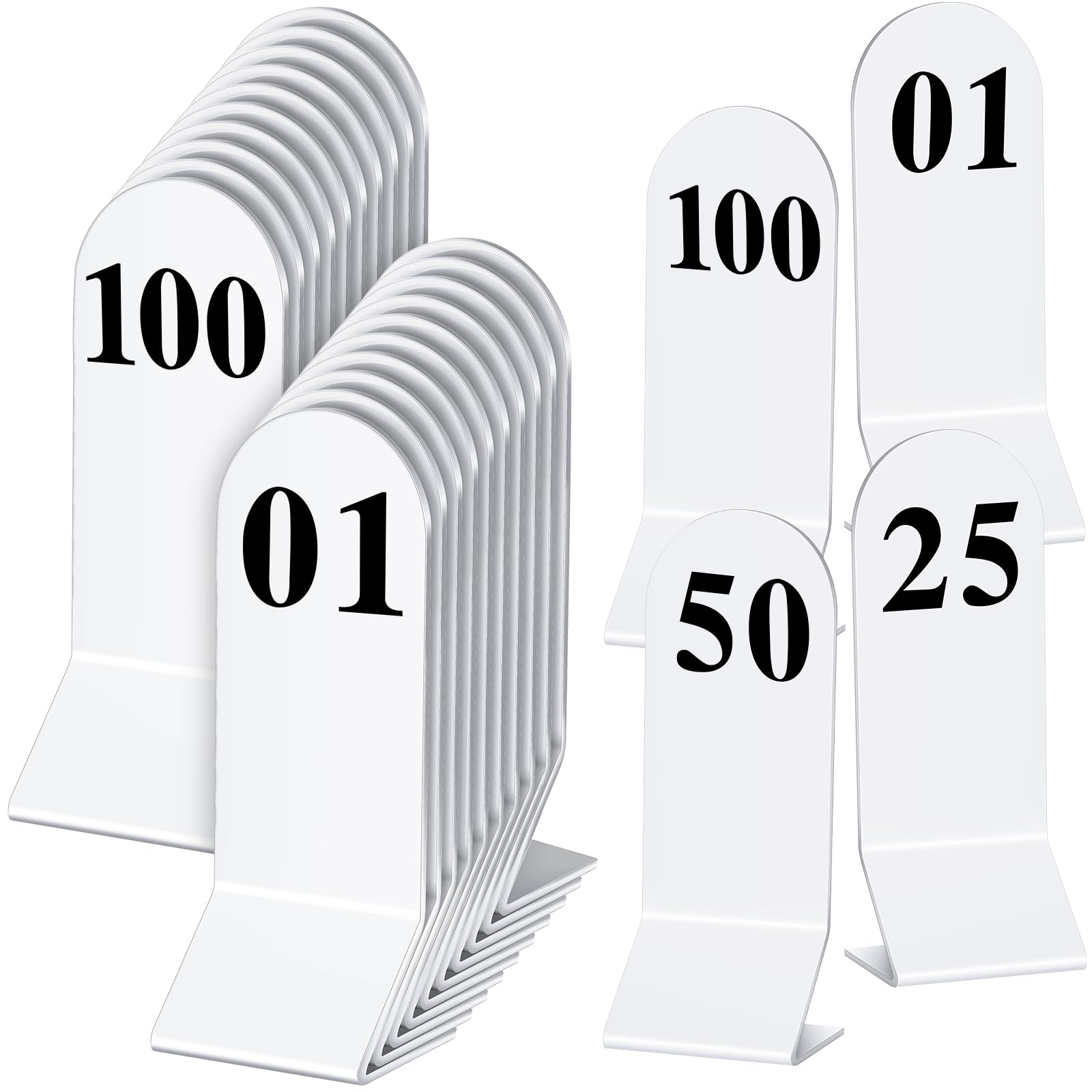 Geetery 100 Pcs Acrylic Table Numbers 1-100 Double Sided Table Number Cards Wedding Table Number Stands Restaurant Table Tent Table Number Signs for Party Banquets Supplies, 2.36 x 6.3 Inch (White)