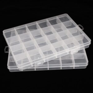 2 Pack 24 Grids Clear Plastic Organizer Box Fixed Compartment Storage Container for Craft, Beads, Jewelry, Small Parts, 7.4X5.1X0.86 INCH