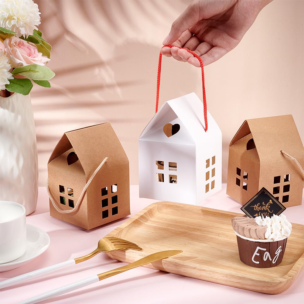 BENECREAT 30Pcs House Shaped Gift Boxes, 3x3x3inch Log Kraft Paper Candy Box Cardboard Treat Boxes for Wedding Baby Shower Birthday Party