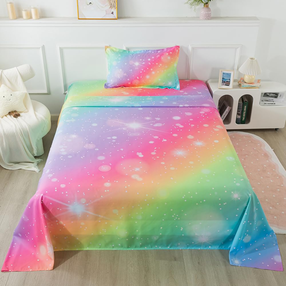 ADASMILE A & S Rainbow Sheets Twin Size for Girls Tie Dye Pastel Girls Sheet Set for Kids Teens Glitter Girly Rainbow Bedding Set 1 Fitted Sheet 1 Flat Sheet 1 Pillowcase Soft Microfiber Home Decor