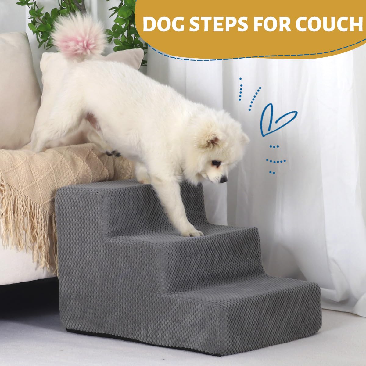 Dog Steps for Small Dog, 3-Step Dog Stairs for High Beds and Couch, Non-Slip Pet Stairs for Small Dogs and Cats,Dog Bed Stairs, Grey, 3/4/5 Steps