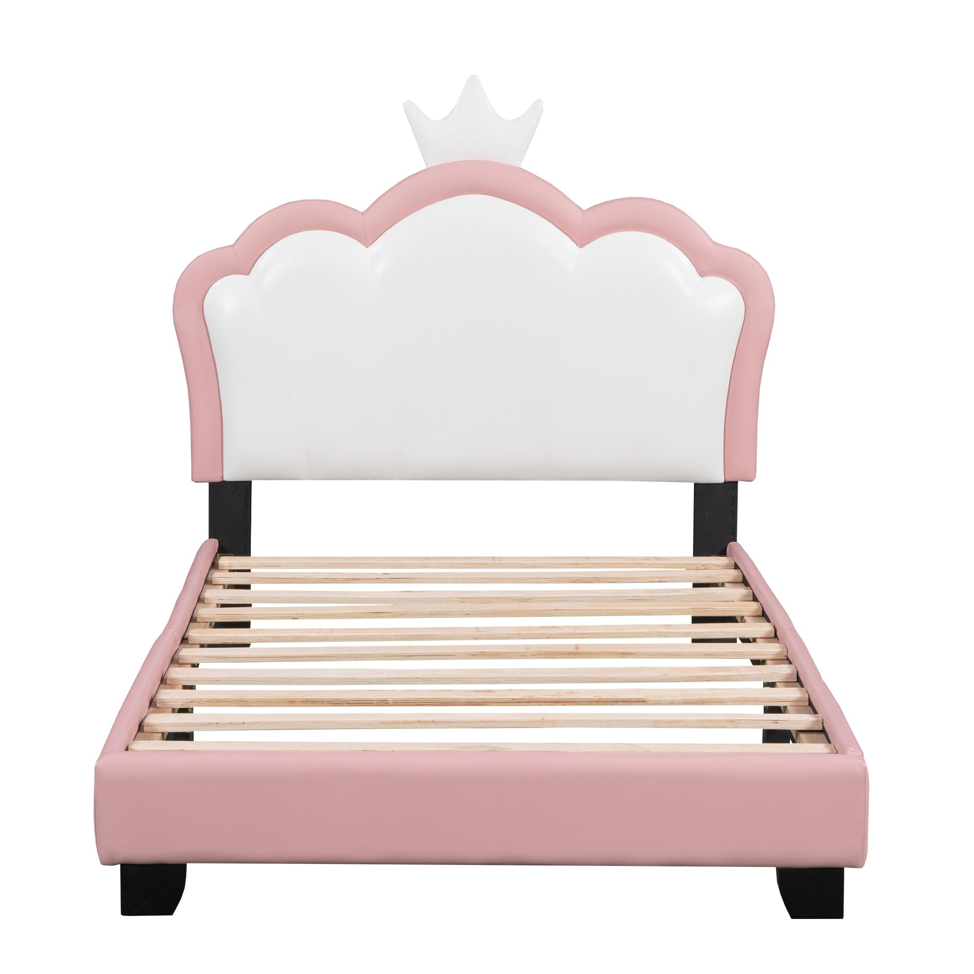 Aiuyesuo Elegant Twin Size Upholestered Princess Bed with Crown Headboard, PU Leather Platform Bed with Sturdy Slatted Support for Kids Girls Teens (Pink+White-Twin)