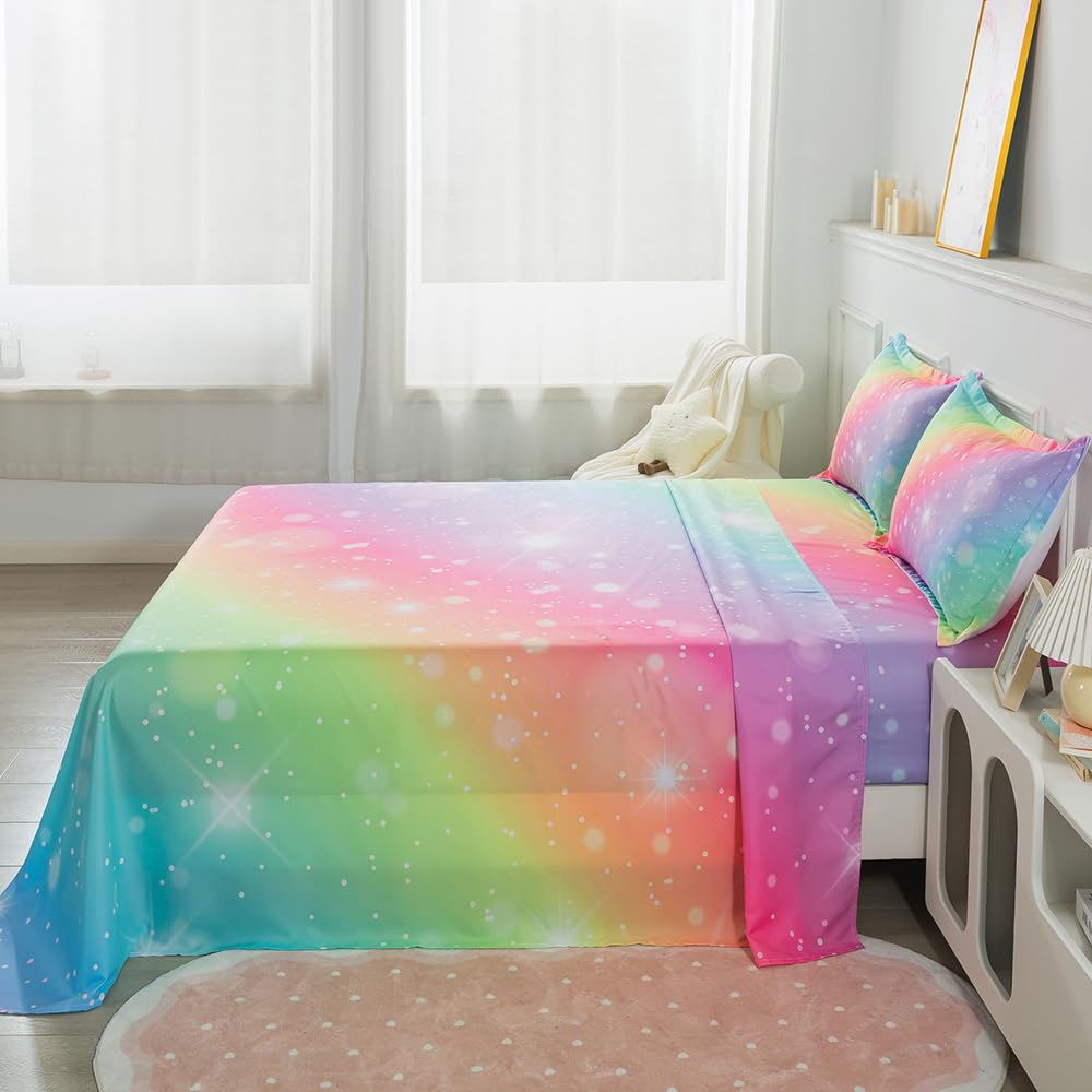 ADASMILE A & S Rainbow Sheets Twin Size for Girls Tie Dye Pastel Girls Sheet Set for Kids Teens Glitter Girly Rainbow Bedding Set 1 Fitted Sheet 1 Flat Sheet 1 Pillowcase Soft Microfiber Home Decor