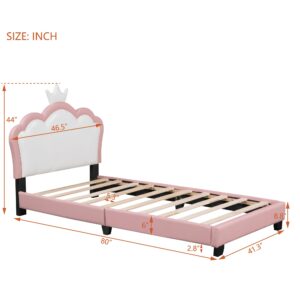 Aiuyesuo Elegant Twin Size Upholestered Princess Bed with Crown Headboard, PU Leather Platform Bed with Sturdy Slatted Support for Kids Girls Teens (Pink+White-Twin)