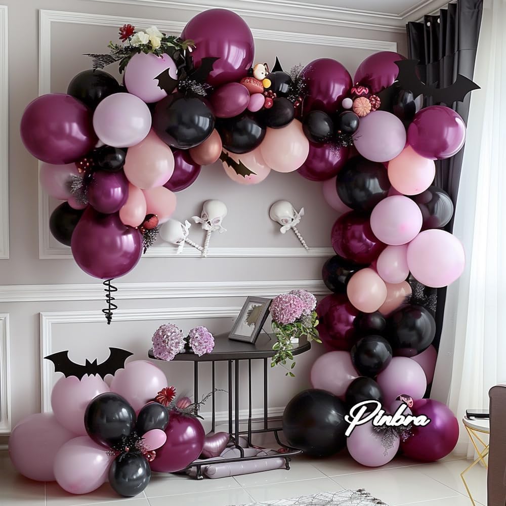 Black Pink Purple Balloons Double Stuffed Pastel Lavender Lilac Balloon Garland Dusty Mauve Plum Balloon Arch Kit For Halloween Wednesday Baby Shower Birthday Wedding Party Decoration